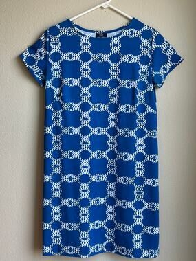 Sailor-Sailor Blue White Lattice Link Short Sleeve Shift Dress Medium